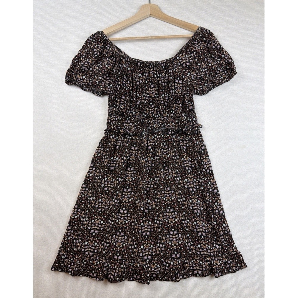 Pink Rose Women's Floral Babydoll Dress Puff Sleeve L 100% Rayon Crinkle NWT